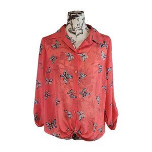IN Studio Size P Large Butterfly Coral Button Up Top Blouse Tie Front Sheer